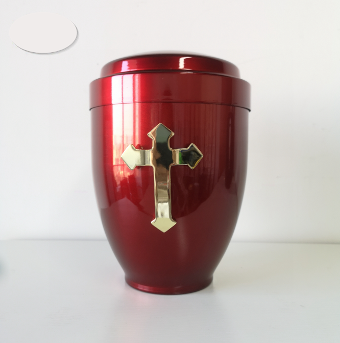 Red Glossy Metal Urn with Cross