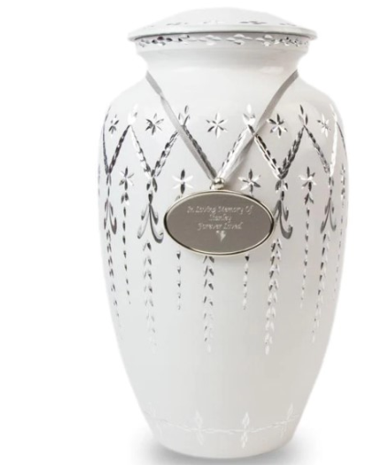 White Satin and Silver Metal Urn
